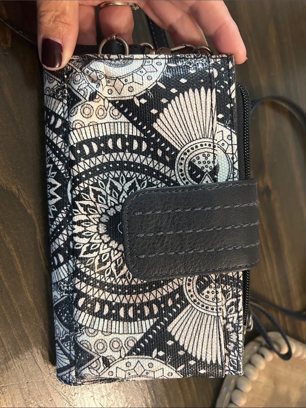 Sakroots Black and White Mandala Print Crossbody Wallet